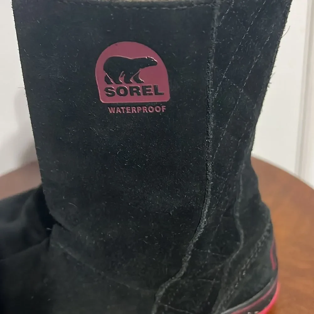 🔥🔥 SOREL Glacy Black & Pink SherpaLined Waterproof Suede Boots - Women Sz 5‎
